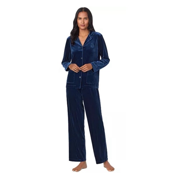 Ralph‎ Lauren Blue Notch Collar Velvet Sleep Set 2 Piece M Pajamas PJ Crown Logo - Picture 1 of 16